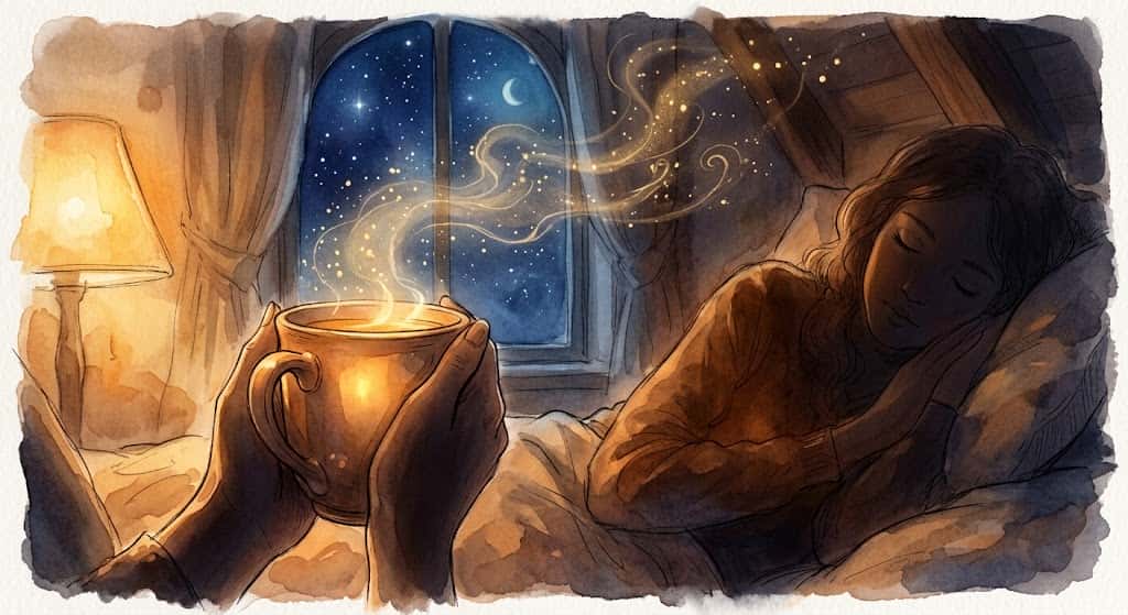 熊が出てくる夢を見た夜に、温かな灯りに包まれ眠りへ向かう安らぎのイメージ