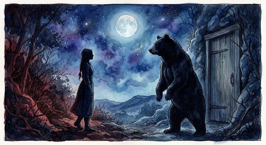 熊が出てくる夢の情景を描いた、闇の中に佇む女性と熊のシルエットのイラスト