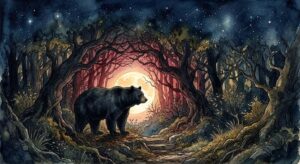 黒い熊の夢占いを象徴する、満月に照らされた森に佇む漆黒の熊の幻想的なイメージ
