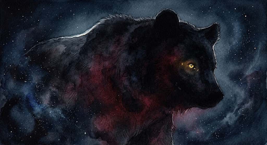 黒い熊の夢に現れる、闇に輪郭を溶かしながら静かに佇む熊の姿を描いた導入イメージ