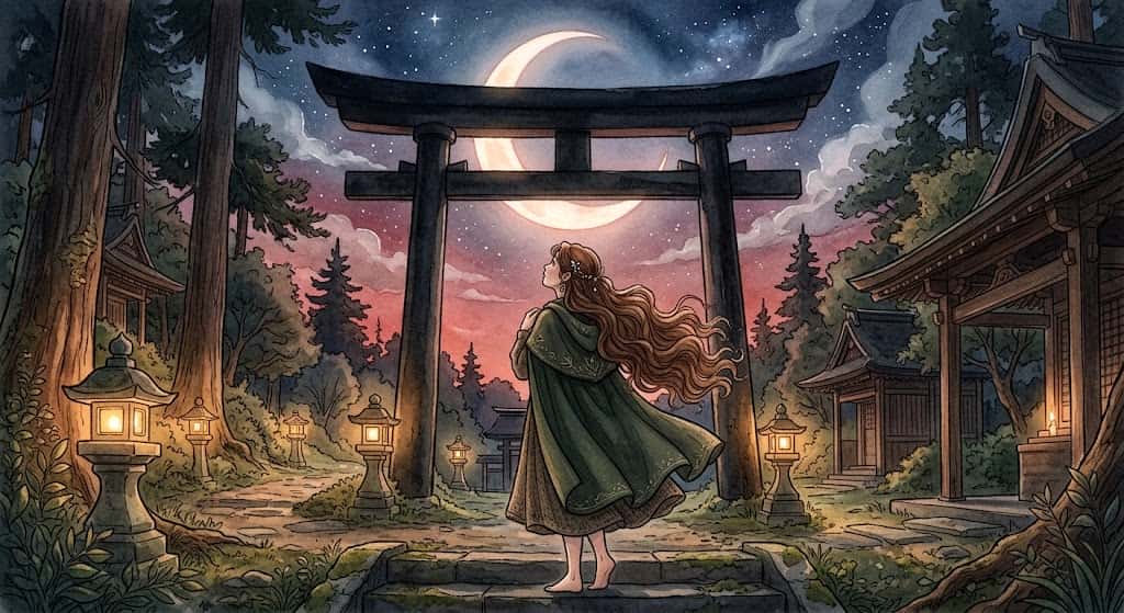 夜の境内で鳥居を見つめる女性の後ろ姿。黒い鳥居の夢が静かに守る安心の情景