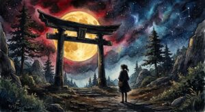 黒い鳥居の夢占いのイメージ。満月の下、闇に溶け込むように佇む鳥居の輪郭