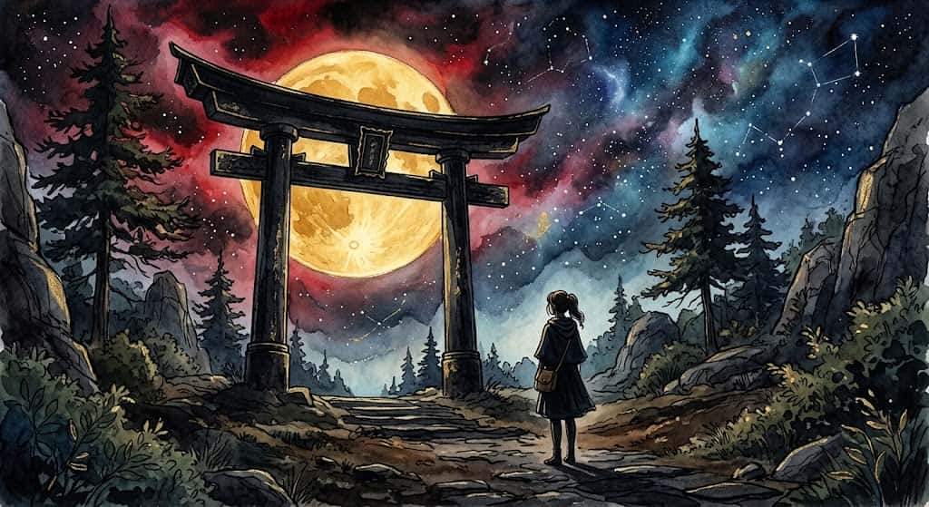黒い鳥居の夢占いのイメージ。満月の下、闇に溶け込むように佇む鳥居の輪郭