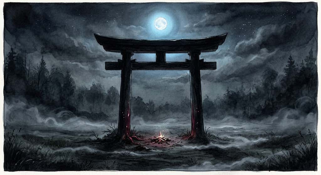漆黒の鳥居が夜の闇に溶け込む夢の情景。境界の瞬間を象徴する幻想的な光景