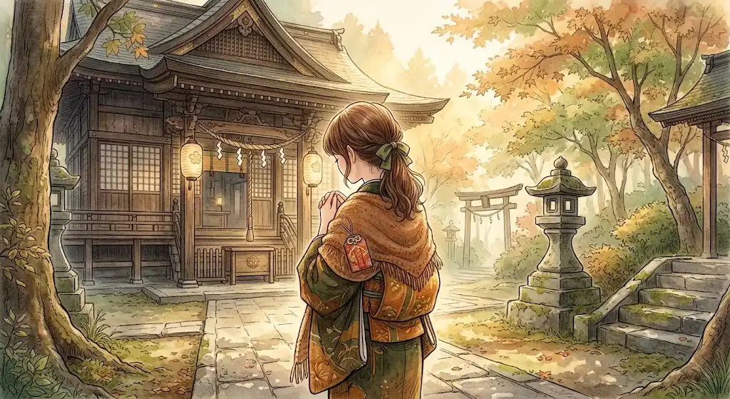 朝の神社境内でお守りを胸元へそっと収める、静かな着地の情景を描いたイメージ