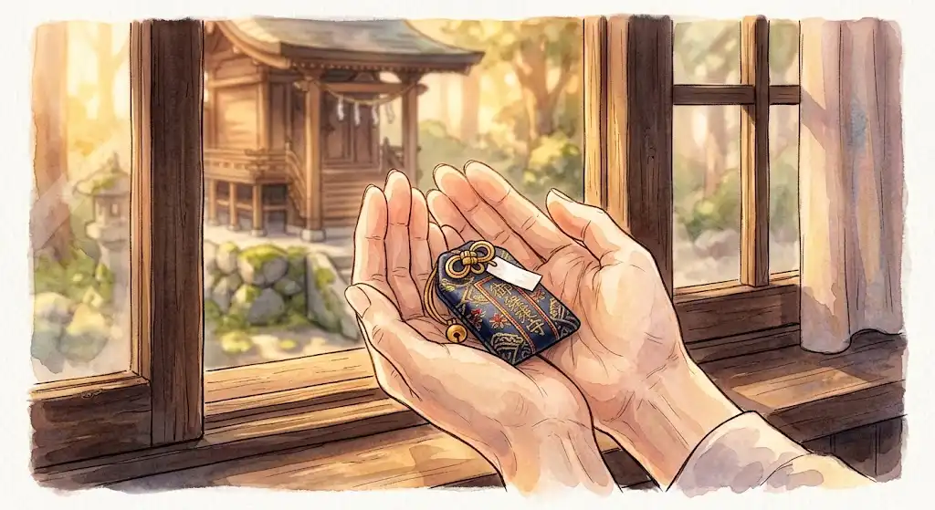 神社でお守りを買う夢の情景、両手でお守りを受け取る瞬間を描いたイメージ