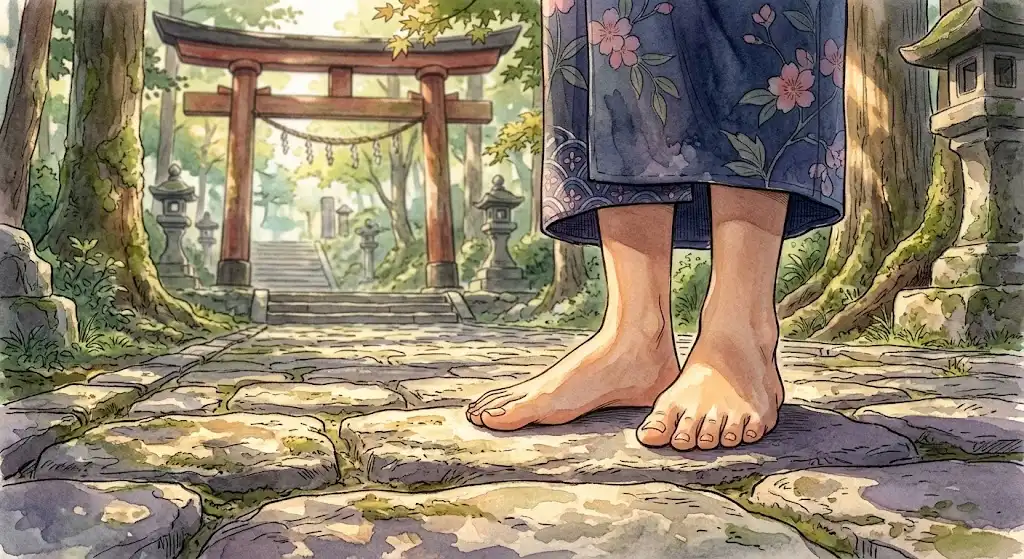 鳥居の手前で大地に足を下ろす人物の足元を描いた、静かな着地のイメージ