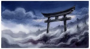 鳥居をくぐれない夢占いを象徴する、濃い霧に包まれ黒ずんだ鳥居が浮かぶ夜の情景