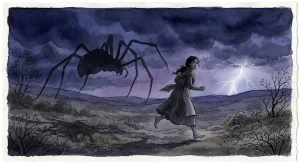 蜘蛛に追いかけられる夢を描いた、巨大な黒い影から逃げる女性のシルエットと緊迫した夜の情景