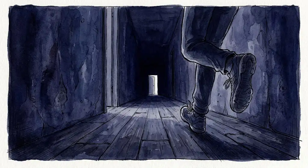 狭い通路を懸命に走る足元と遠ざかる出口を対比的に描いた蜘蛛の夢のパターン別イメージ