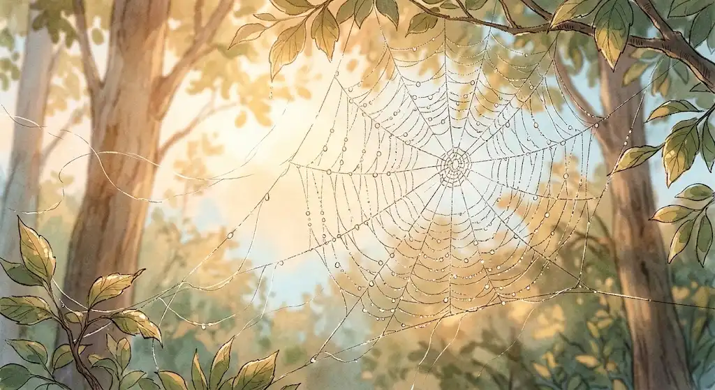 蜘蛛の巣を払う夢占いのイメージ、朝の光に透ける糸と静かな解放を描いた情景