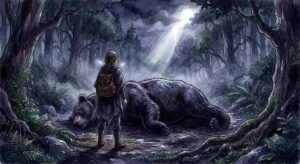 熊を倒す夢を見た人が、倒れた熊を前に静かに立ち尽くす姿を描いたイメージ画像