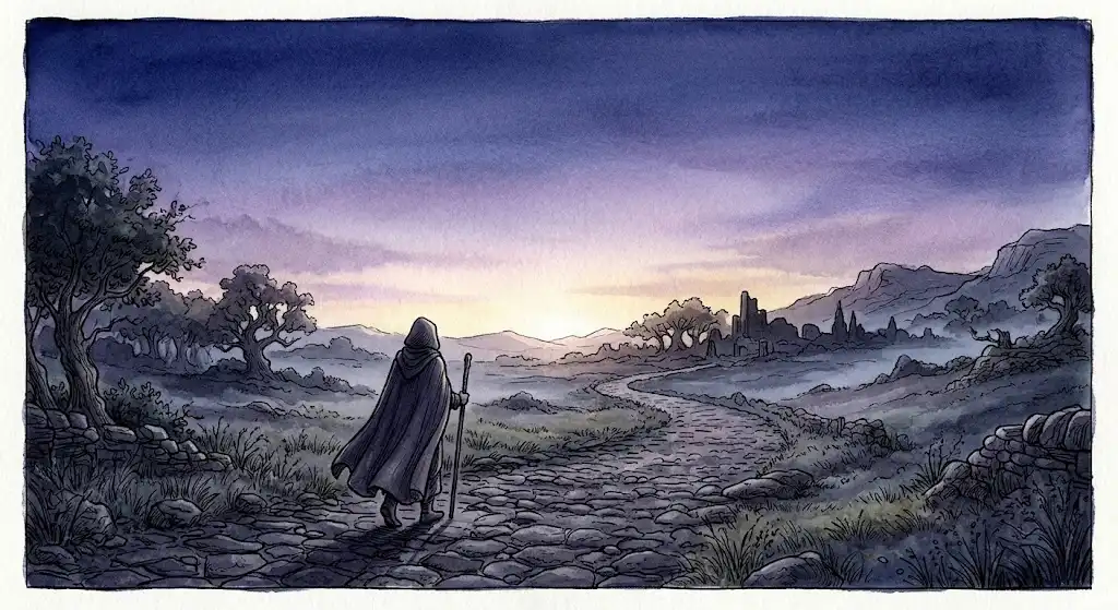 早朝の静かな石畳の道を一人で歩いていく人物の後ろ姿を描いた情景