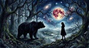 熊と遭遇する夢の意味を象徴する、深紅の森で熊と向かい合う人物のシルエット