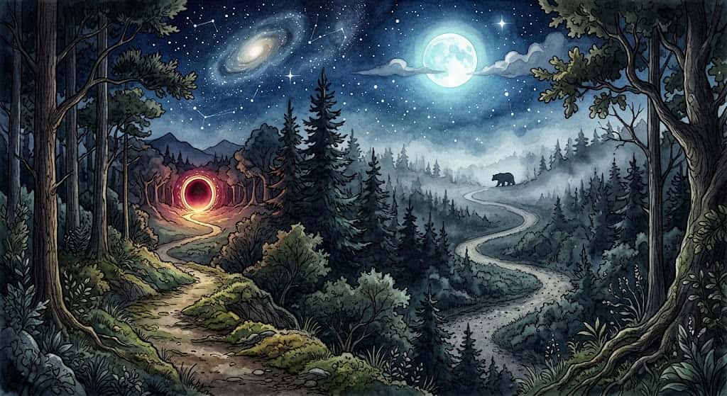 現象学的な距離の違いを表す、森の中の二つの小径が交わる幻想的な情景
