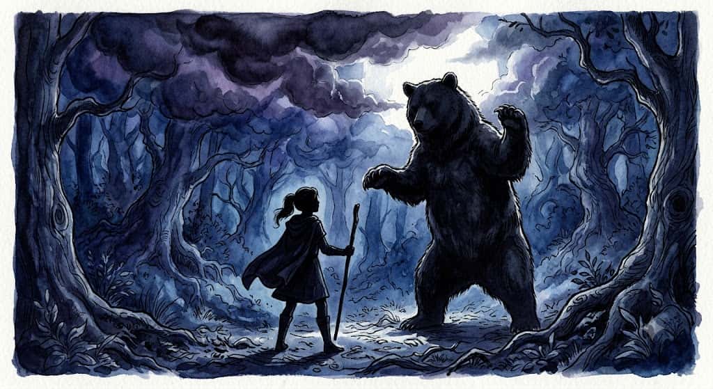 熊と戦う夢を見た人が、巨大な熊の前で足を止めずに立ち向かう姿を描いたイメージ画像