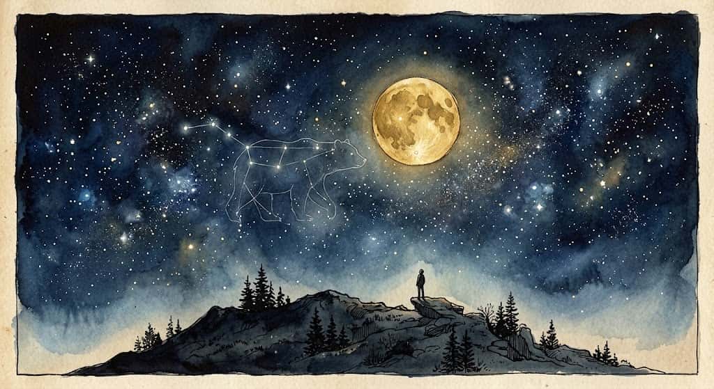 宇宙物理学・自然哲学が語る畏怖の感覚を、満天の星と大きい熊の夢になぞらえたイメージ