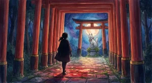 満月の下、朱色の鳥居と白い狐像がたたずむ、稲荷神社の夢占いを象徴する幻想的な参道の情景