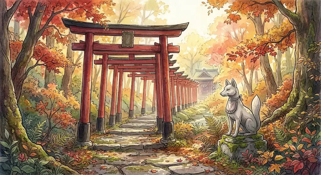 朱色の鳥居が幾重にも連なる参道と、白い狐像がたたずむ稲荷神社の夢の基本的な意味を象徴する情景