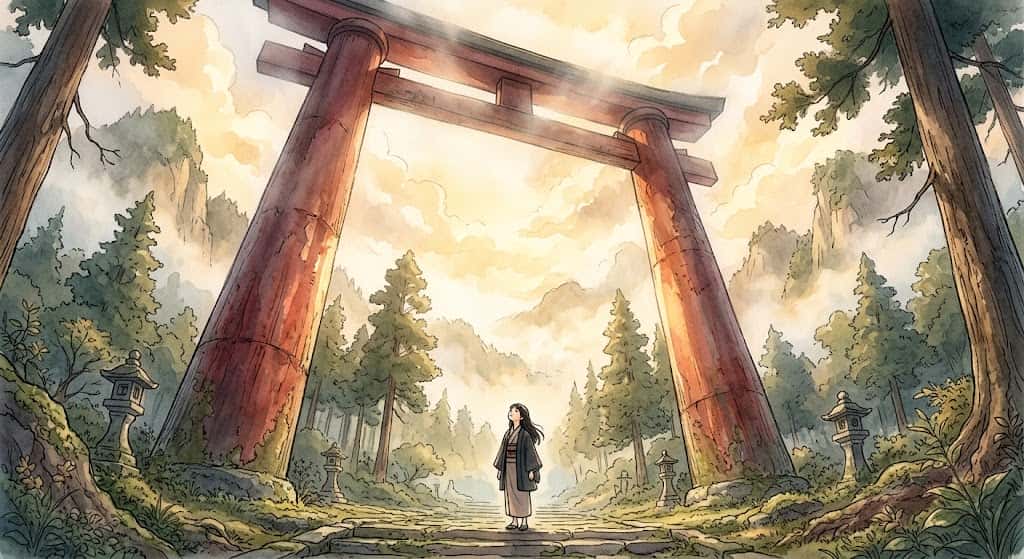 柔らかな朝の光の中、巨大な鳥居を静かに見上げる女性の穏やかな後ろ姿