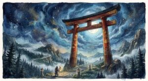 満月の夜、巨大な鳥居が星空にそびえ立つ、大きい鳥居の夢の世界観を象徴する幻想的な情景