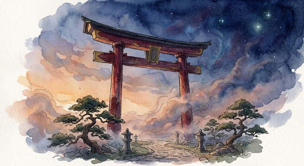 現象学が語る、静けさと畏れの境界に溶け込む巨大な鳥居のシルエットと薄明の情景