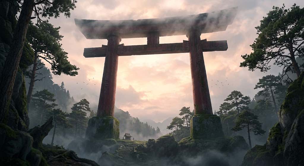 朝霧に包まれ、鳥居の下部だけが幻想的に浮かび上がる大きい鳥居の夢の情景