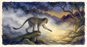 猿の夢に秘められた対峙・絆・象徴という3つの顔を、光と影の境界に佇む一匹の猿として幻想的に描いた情景