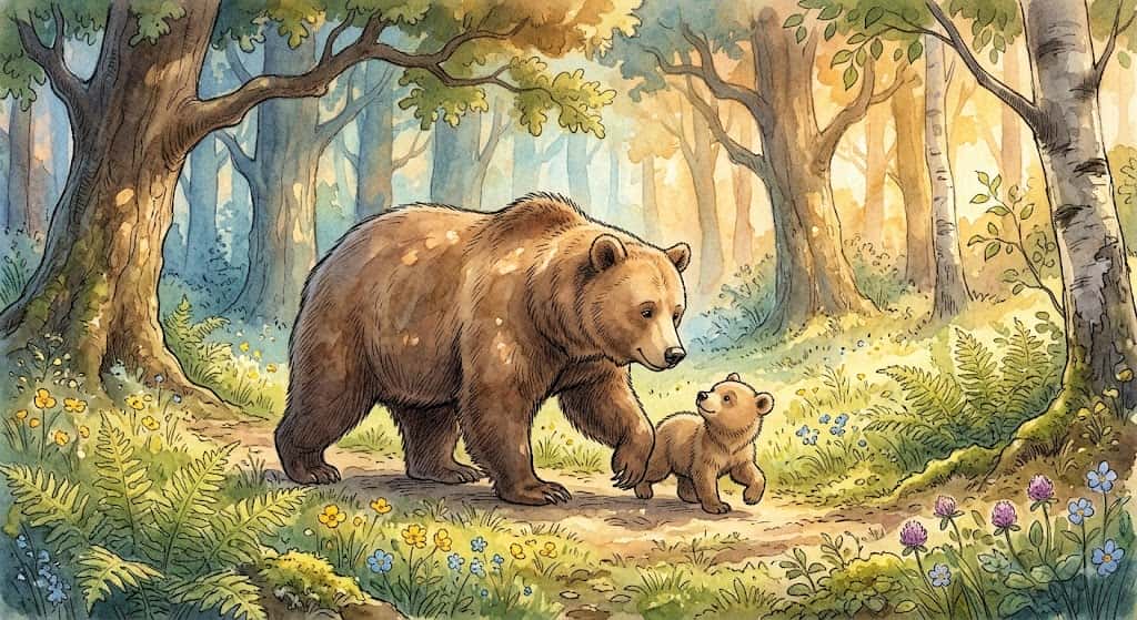 熊の親子の夢占いをイメージした、木漏れ日の森を歩く親熊と子熊のイラスト
