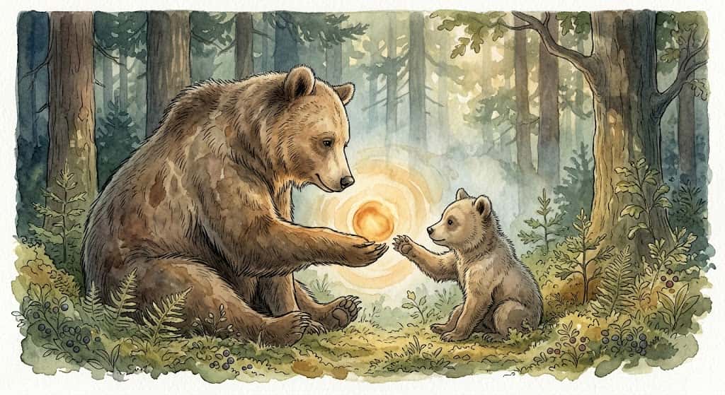 文化人類学が語る継承の物語を、親熊から子熊へ手渡される光として描いた図
