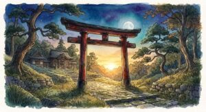 鳥居をくぐる夢占いの意味を象徴する、黄昏の鳥居と満月が並ぶ幻想的な情景