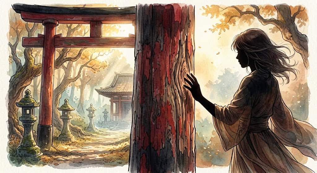 鳥居の木の柱に手を伸ばす瞬間を描いた、境界に触れる夢のイメージ
