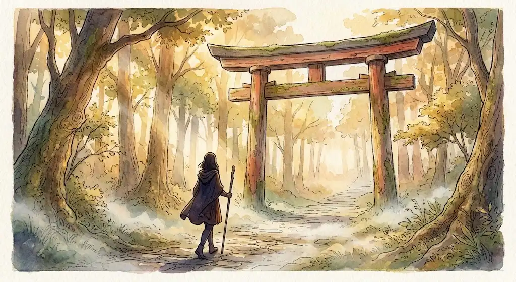 参拝する夢の意味を象徴する、鳥居をくぐり神社へ向かう女性のシルエット