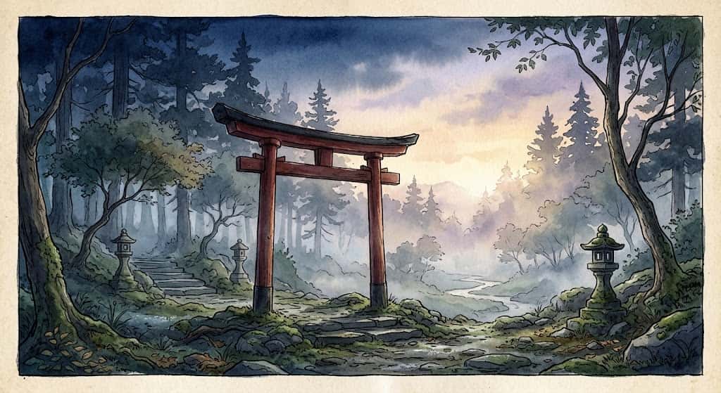 夜明け前の淡い光の中に佇む赤い鳥居を描いた、赤い鳥居の夢の着地を表すイメージ