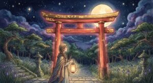 満月の夜、朱色の鳥居の前に佇む女性のシルエットを描いた、赤い鳥居の夢の世界観を表すイメージ