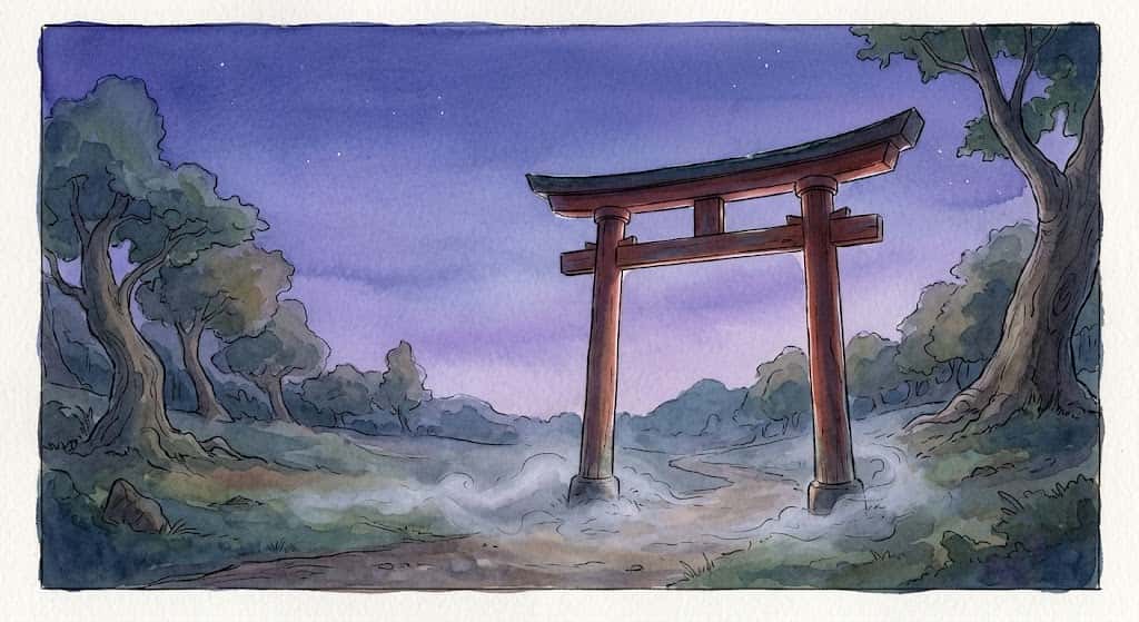 薄明かりの中にひとつだけ立つ朱色の鳥居を描いた、赤い鳥居の夢の余韻を表すイメージ