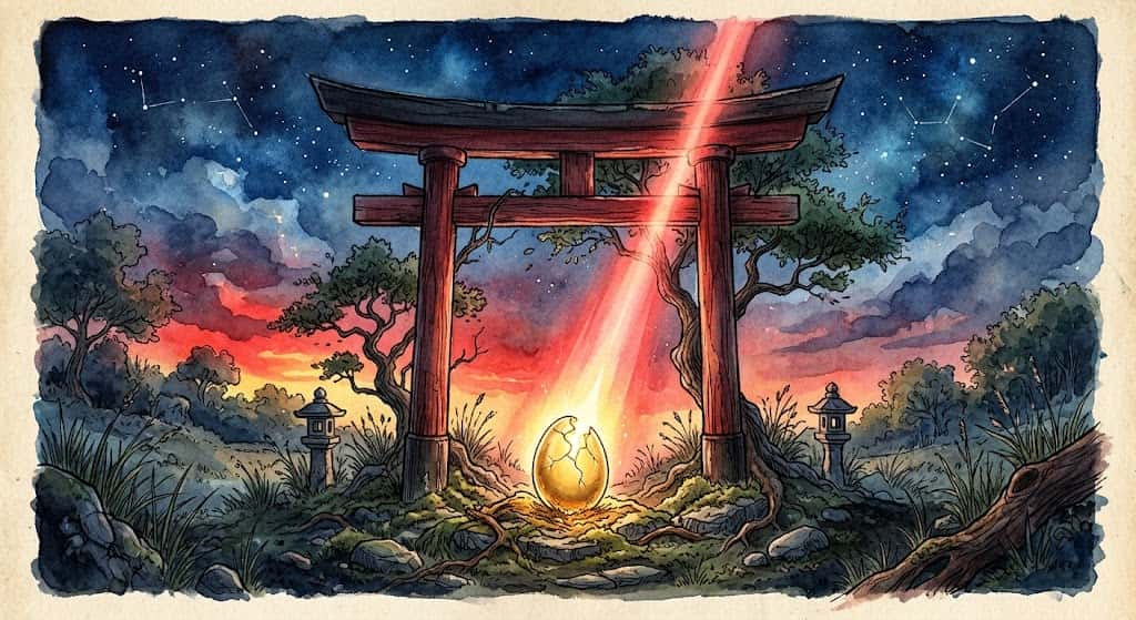 夕陽のような赤い光が鳥居に差し込む場面を描いた、赤い鳥居の夢とユング心理学の視点を表すイメージ