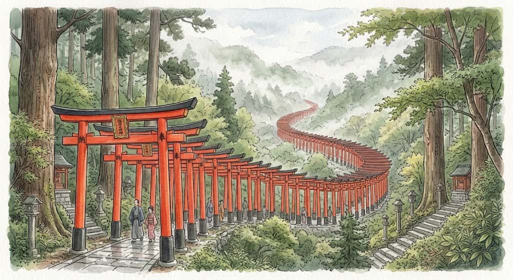 朱色の鳥居が連なる参道の景色を描いた、赤い鳥居の夢と民俗学・風土学の視点を表すイメージ