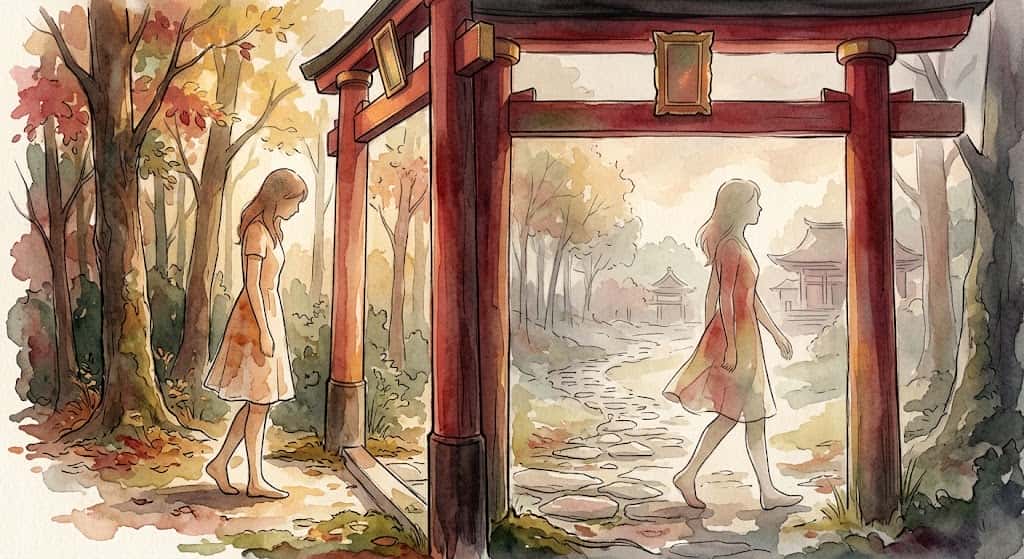 鳥居の前で立ち尽くす姿とくぐり抜ける姿を対比的に描いた、赤い鳥居の夢の選択を表すイメージ
