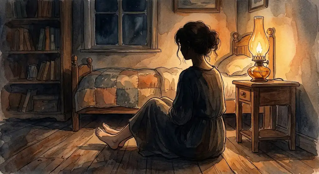 夜、静かな部屋で呼吸を整えながら足裏の感覚を確かめる後ろ姿の様子