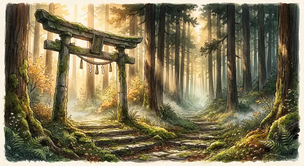 参道の夢占いを象徴する朝の情景、朝日に照らされた鳥居と苔むした石畳が続く参道
