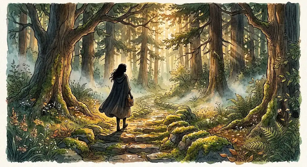 苔むした石畳の参道を杉木立の間を抜けながら静かに歩む後ろ姿の風景