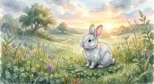 朝の光が差す雨上がりの草原にたたずむ白銀のうさぎ。うさぎを助ける夢が映す、自分への優しさの景色