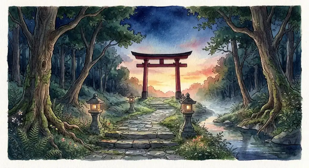夜明けの鳥居を包む光の中で、静かな後押しを待つ心の情景を描いた図