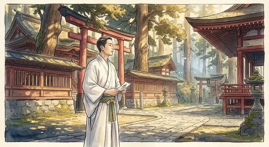 神主が出てくる夢の中で、澄んだ日中の社の空気の中で言葉を紡ぐ神主を描いた図