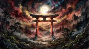 霧の中に浮かぶ一本の鳥居が象徴する、神社の夢が語りかける4つの物語の地図