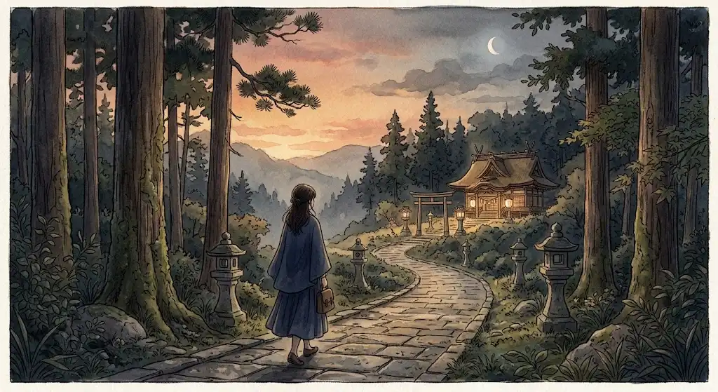 夕暮れの参道を歩み、本殿へと向かう女性の後ろ姿を描いた静かなイメージ