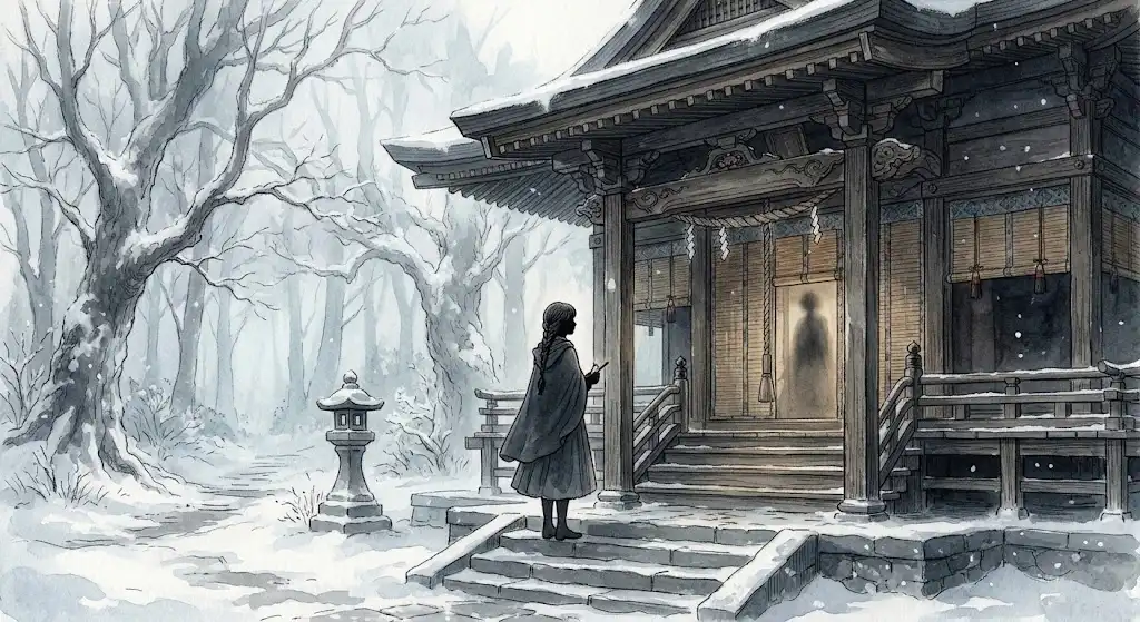 神社の本殿の夢を象徴する、御簾の奥の静けさに向き合う女性のシルエットを描いたイメージ