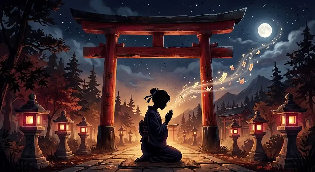 神社の夢で自ら祈り捧げ手放す、能動的な参拝の情景を描いた象徴的な一枚