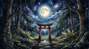 小さい鳥居の夢占いを象徴する、月明かりの中に佇む掌サイズの小さな朱色の鳥居のイメージ